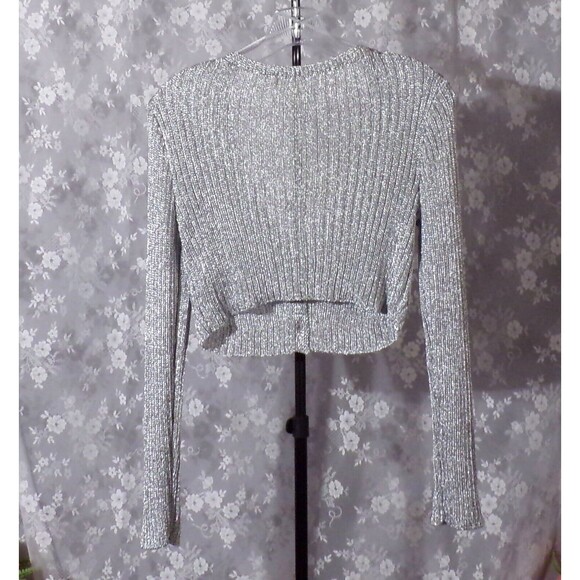 Silver Cardigan Cropped Knit V-Neck Long Sleeve Space Chic Glam Size Small - Picture 2 of 5